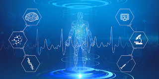 蓝色简约科技医学人体结构心电图展板背景医疗实验背景